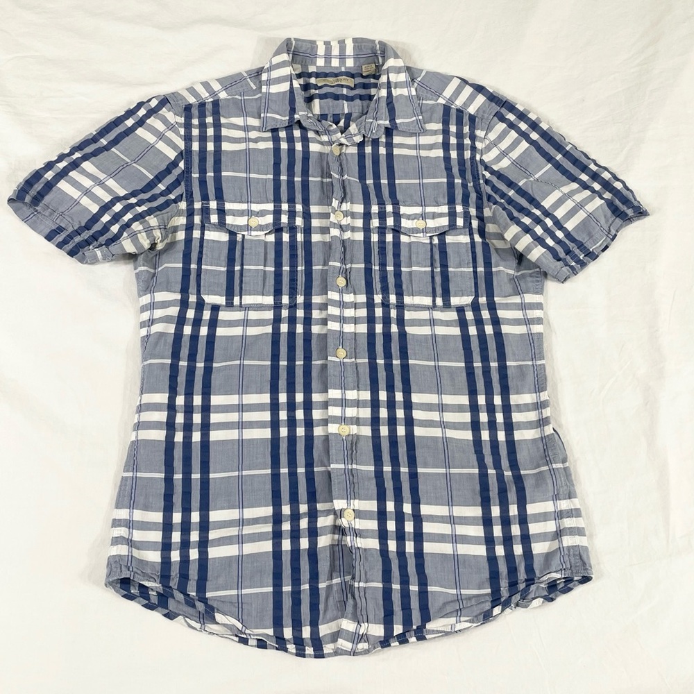 Burberry‎ Brit Mens Blue Plaid Short Sleeve Button Up Seersucker Shirt Size S